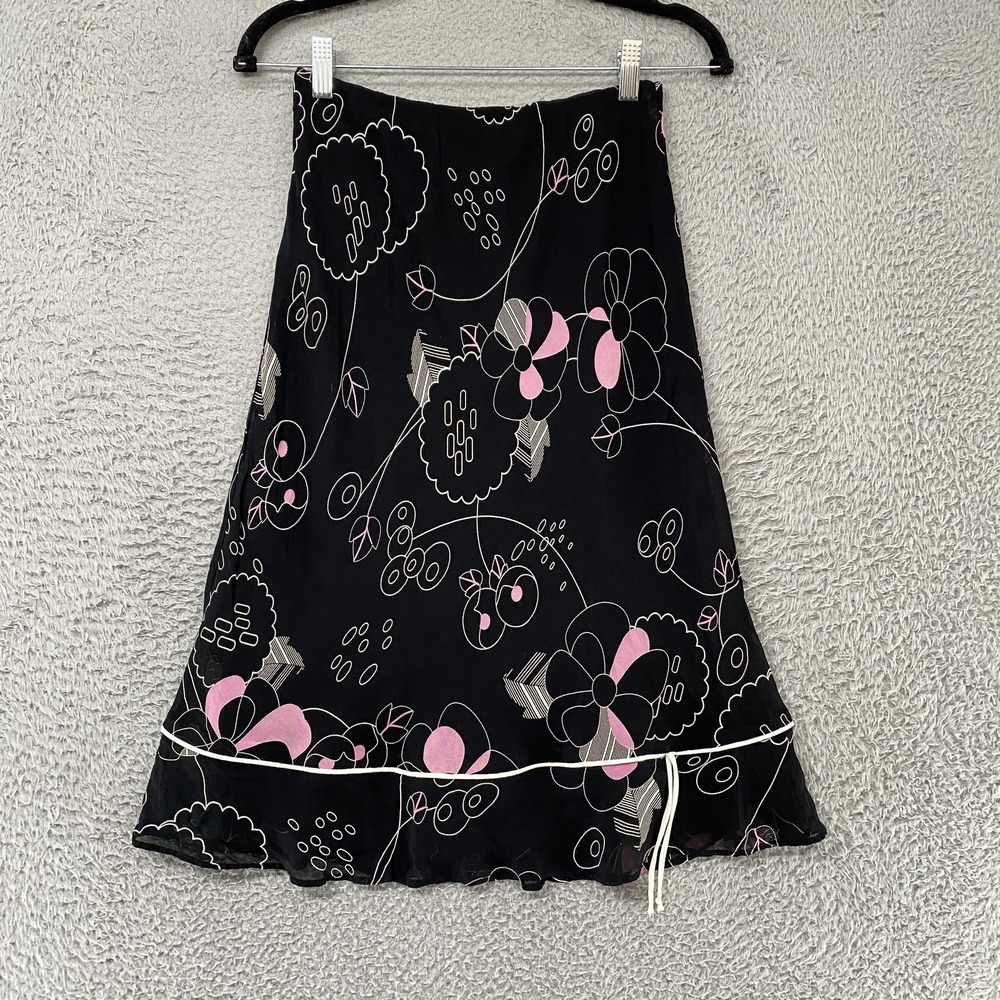 Lily Midi Skirt Womens Small Black Floral Print A-Line Ruffle Hem Lined USA